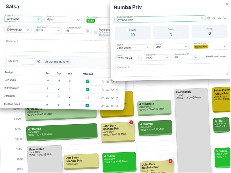 ChoreoDesk dance studio scheduling software calendar workflow screenshot