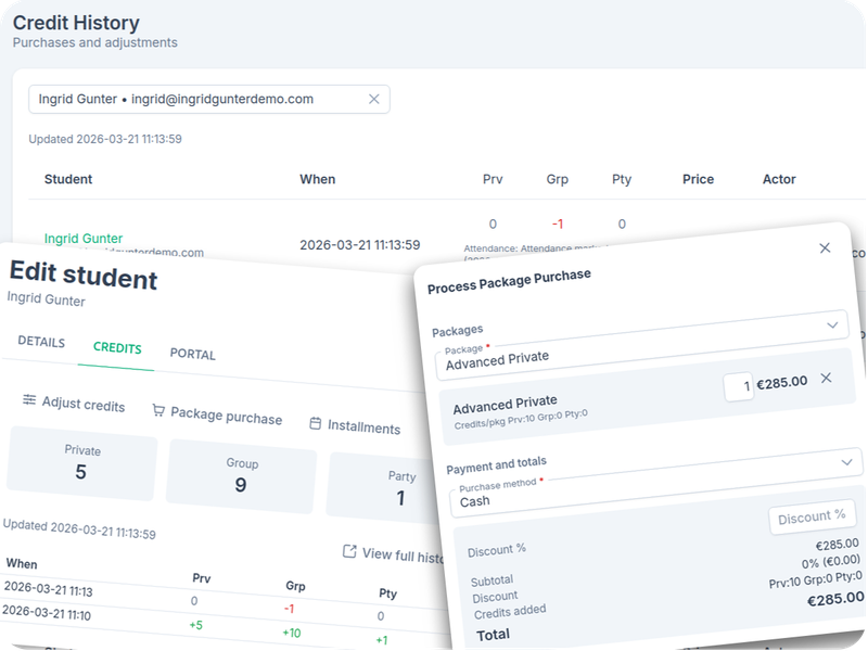 ChoreoDesk dance studio management software student credits and payments screenshot