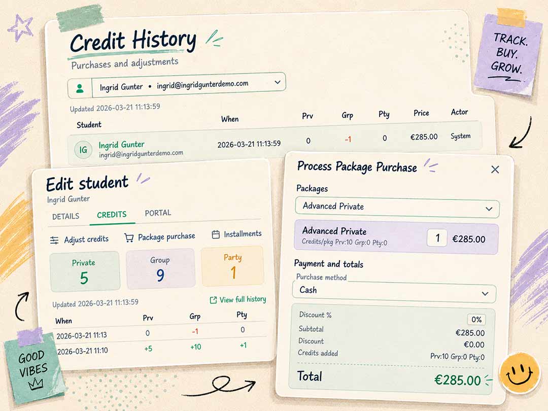 ChoreoDesk dance studio management software student credits and payments screenshot